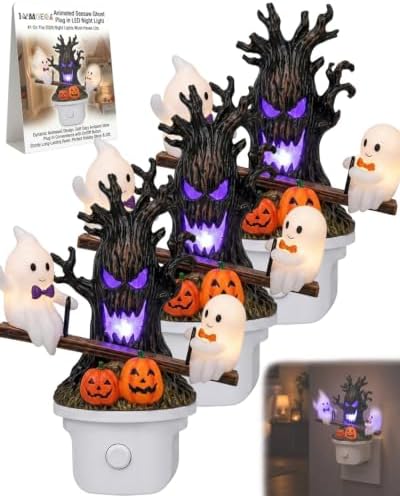 Animated Seesaw Ghost Plug in LED Night Light Halloween Lights with Spooky Tree Pumpkin Design Decor 3D Cute Halloween Ghost Light 2026 New Halloween Pumpkin Trees Lamp Table Lamps