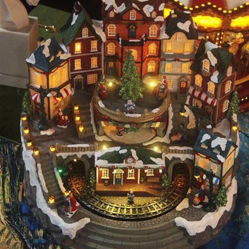 Christmas Village Centerpiece Decor, with Rotating Christmas Tree and Animated Train, Featuring LED Lights, Christmas Music, Indoor Display Figurines Tabletop Decorations