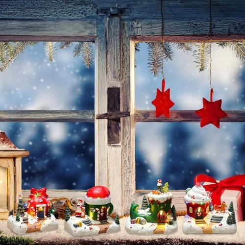 Holiday Seasonal Musical House Resin Ornament with Colorful LED Light Christmas Rotating Figurines Statue Desktop Decors LED Light Christmas Ornament