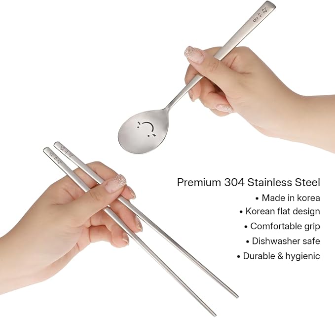 Korean Smiling Spoon and Chopsticks Set, Hangul Engraved Stainless Steel Tableware, Gift Ready Palace Inspired Box