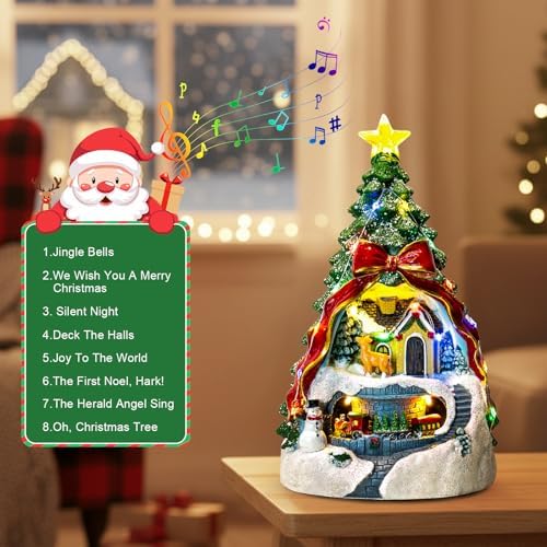ZQQLITE Animated Collection Figurines Musical Christmas Tree Spinning Train Deer Snowman with Rotating Train, Lighted Christmas Collection Figurines for Home Tabletop Decorations Ornaments Gifts