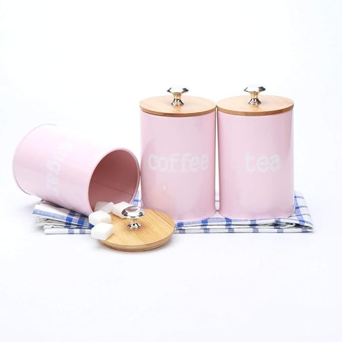 X022S Set of 3 Metal Food Storage Tin Canister/Jar with Bamboo Lid (matte pink)