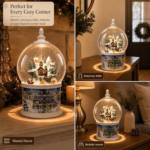 10.24" Large Christmas Snow Globe Lantern, Lighted Musical Winter Village with Swirling Glitter, Rotating Santa & Reindeer, USB/Battery Powered, 6H Timer, Christmas Tabletop Decor