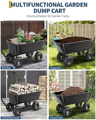 Heavy-Duty 1200 lb (125L) 10 Cu.Ft. Poly Garden Dump Cart with 180° Pivot Handle, 13" No-Flat Tires & Quick-Release Dump – All-Terrain Yard Cart in Black