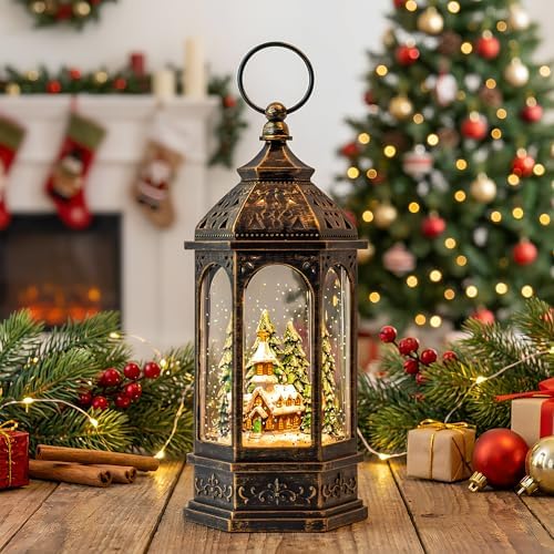 Christmas Snow Globe Lantern Lighted Church Musical Snow Water Lantern Swirling Glittering Home Decoration and Gift, Battery Operated or USB Powered
