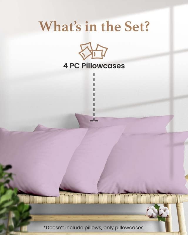 1000 TC Lavender King Pillowcases Set of 4 100% Egyptian Cotton Pillow Cases with Long Staple Cotton & Sateen Weave, Silky Soft Hotel - Like Bed Pillow Covers for Comfy Sleeping, Snug Fit