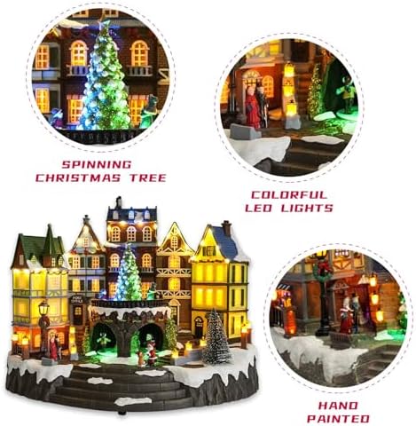 Christmas Village House, Christmas Town Village Sets, Colourful LED Lights with Christmas Music, Rotating Christmas Trees, for Holiday Displays, Indoor Decoration, Thoughtful