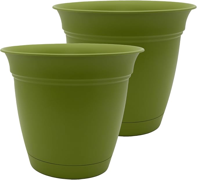 The HC Companies 12 Inch Eclipse Round Planter Pots with Drainage Holes & Attached Saucer, Lightweight UV-Resistant Plastic Indoor Outdoor Planters, 2-Pack Flower Pots for Garden & Home Decor, Peridot