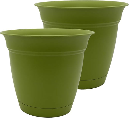 The HC Companies 12 Inch Eclipse Round Planter Pots with Drainage Holes & Attached Saucer, Lightweight UV-Resistant Plastic Indoor Outdoor Planters, 2-Pack Flower Pots for Garden & Home Decor, Peridot