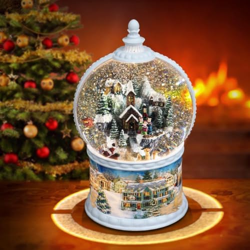 10.24" Large Christmas Snow Globe Lantern, Lighted Musical Winter Village with Swirling Glitter, Rotating Santa & Reindeer, USB/Battery Powered, 6H Timer, Christmas Tabletop Decor