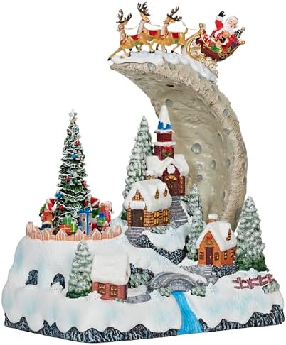 Roman LED Musical Santa Over Moon Village, 11.7" Amusments, Rotating Kids Scene, Lighted Christmas Village Décor, USB or Battery Operated