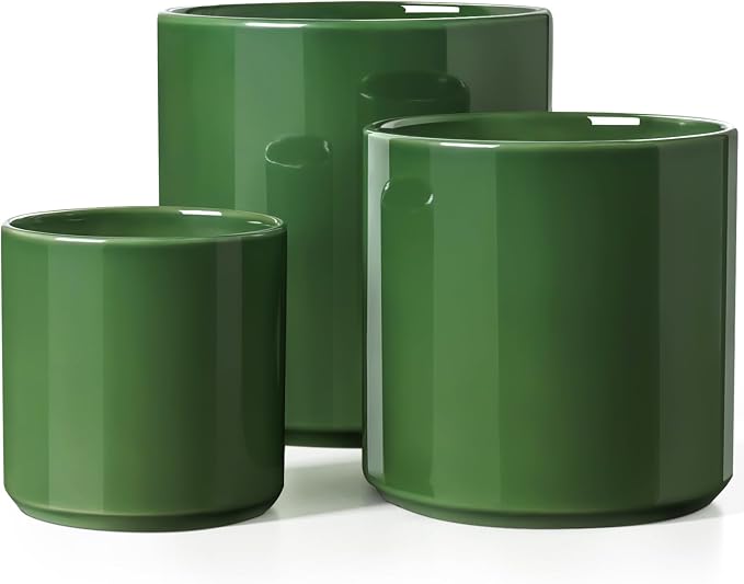 LE TAUCI 10+8+6 Inch Ceramic Pots for Plants, Indoor Planters with Drainage Hole and Plug, Modern Cylinder Flower Pots Set of 3 for Living Room and Kitchen, Glossy, Bamboo Green
