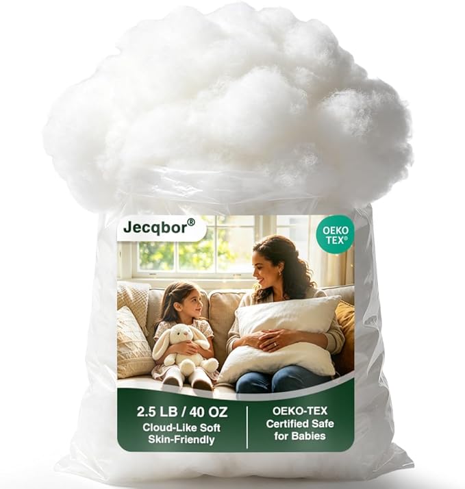Jecqbor 2.5lb/40oz Premium Polyfill Stuffing, Fluffy Polyester Fiber Fill, Machine-Washable Pillow Stuffing for Pillows, Crochet Toys, Stuffed Animals, Couch Cushions, Cloud Decorations & DIY Crafts