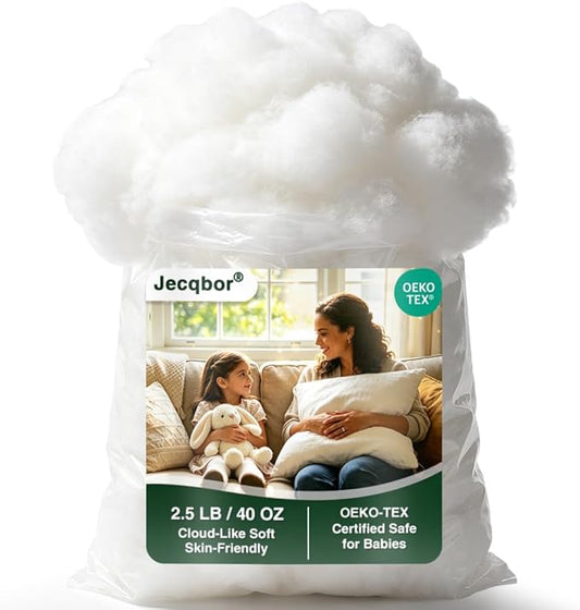 Jecqbor 2.5lb/40oz Premium Polyfill Stuffing, Fluffy Polyester Fiber Fill, Machine-Washable Pillow Stuffing for Pillows, Crochet Toys, Stuffed Animals, Couch Cushions, Cloud Decorations & DIY Crafts