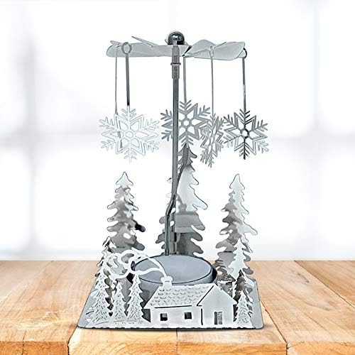 Holiday Cabin Candle Spinner, Silver Plated Christmas Tea Light Holder with Laser Cut Cabin, Trees & Snowflake Charms, 5 Inch Spinning Winter Scene Candle Decor for Mantel Table Centerpiece