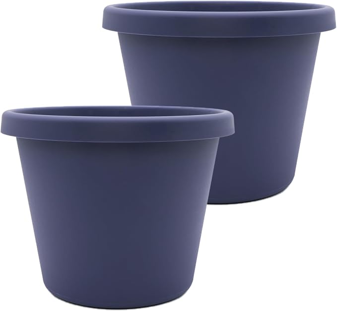 The HC Companies 10 Inch Prima Round Planter Pots w/Drainage Holes & Rolled Rim, Lightweight UV-Resistant Plastic Indoor & Outdoor Planters, 2-Pack Flower Pots for Garden & Home Decor, Twilight Blue