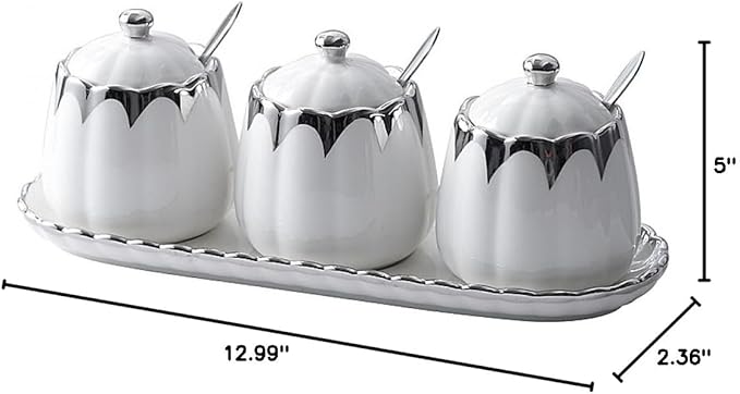 Porcelain Condiment Jar Spice Container with Lids, Spoon and Tray, Set of 3,Modern Spice Box Seasoning Jar for Your Home, Kitchen, Counter (White silver)