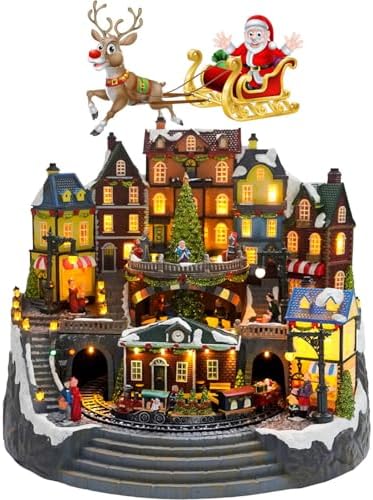 Christmas Village Buildings with Rotating Train and Rotating Christmas Tree with Color LED Lights and Christmas Music for Indoor Holiday Xmas Tabletop Decor