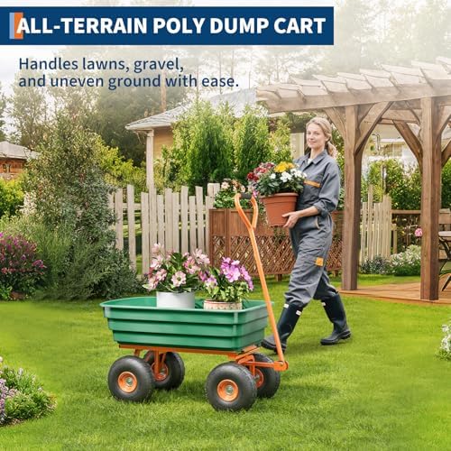 Heavy-Duty 600 lb 4 Cu.Ft. Poly Garden Dump Cart with 180° Rotating Handle & 10" No-Flat Tires – Green Bucket with Orange Accents