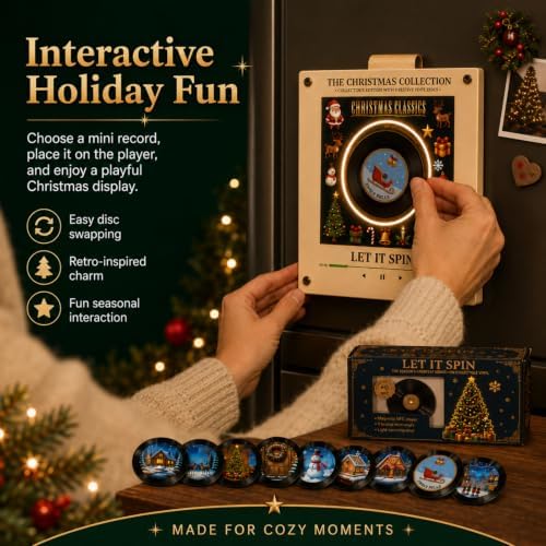 Christmas Mini Vinyl Player with 9 Records, NFC Fridge Magnet (M1PC)