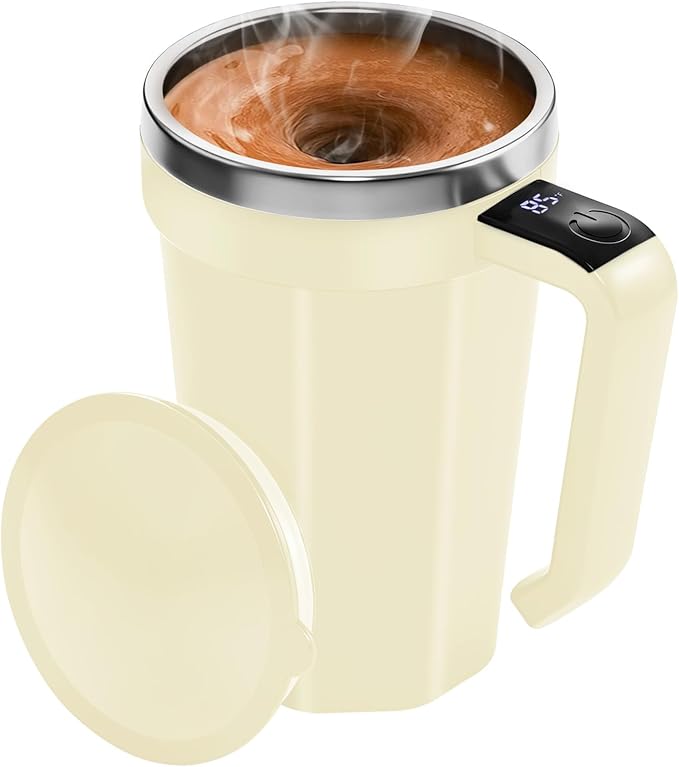 Self Stirring Coffee Mug with Temperature Display, 18 oz Rechargeable Self Stirring Mug with Lid, Automatic Self Stirring Cup with Stainless Steel for Coffee, Milk, Beverages, White