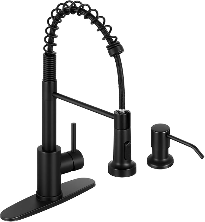 DJS Kitchen Faucets with Soap Dispenser High Arc Single Handle 1 or 3 Holes Spring Kitchen Sink Faucet with Deck Plate for Farmhouse RV Vessel Basin Matte Black