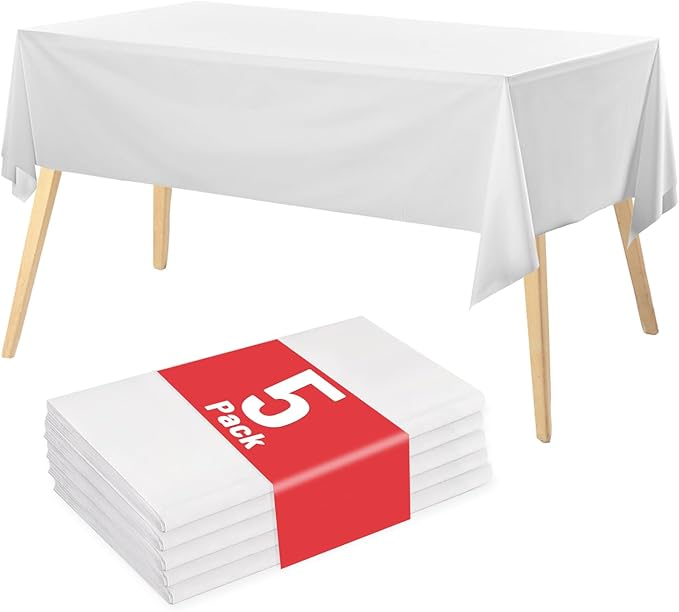 Plastic Table Cloth, 5 Packs Disposable Tablecloth 54 X 108 Inch White Plastic Tablecloth for Rectangle Tables Tougher PEVA Table Cover for Party Decorations Picnic Graduation Camping Birthday
