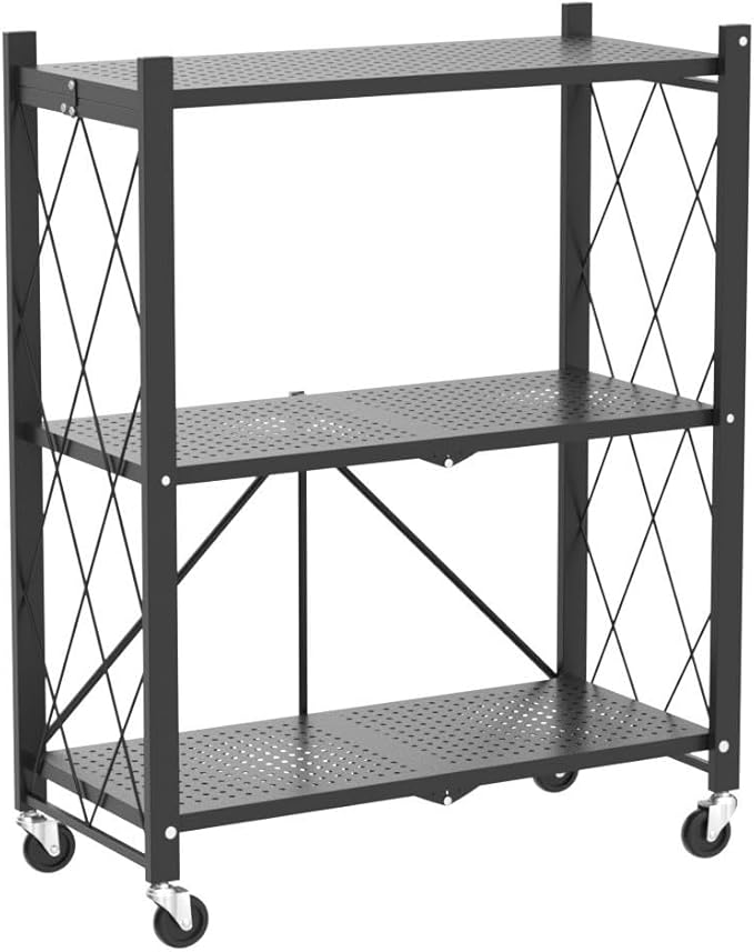 DEANIC 3 Tier Foldable Storage Shelves with Wheels, Kitchen Appliance Stand, Freestanding Metal Wire Shelf Rack, No Assembly Organizer Rolling Cart for Garage, Basement, Pantry (Black)