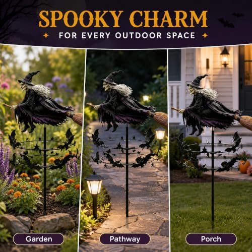 The Enchanted Witch Garden Wind Spinner, Metal Halloween Yard Stake, 3D Kinetic Outdoor Decor (2D Flat Version)