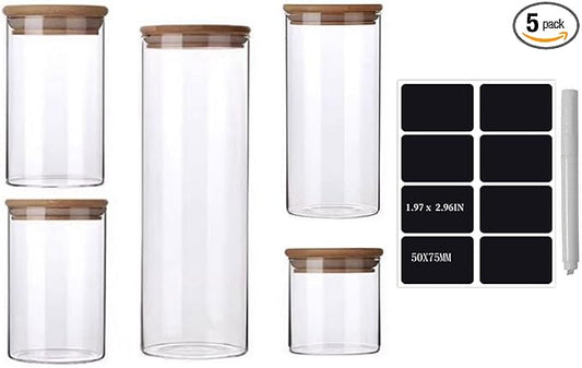 Glass Jars with Bamboo Lids 36 OZ [Set of 5],Canisters with Airtight, Glass Food StorageContainers for Coffee, Sugar,Tea, Candies, Cookies