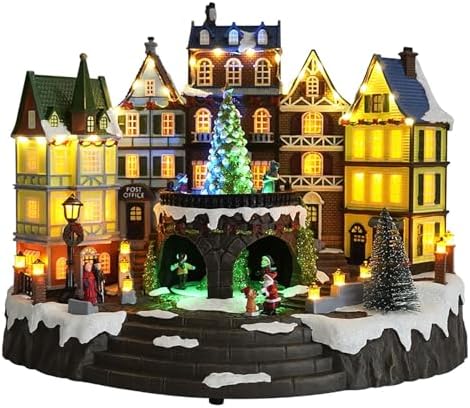Christmas Village Houses, Electric Ornaments Buildings Light Up Scene Christmas Decorations LED Snow Cover Decor, Rotating Christmas Trees and Roller Skaters