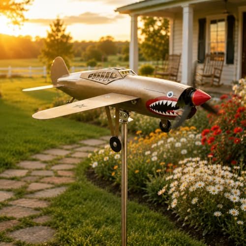 Metal Airplane Wind Spinner for Yard, 3D Shark-Mouth Plane Garden Stake Decor, 360° Rotating Outdoor Lawn Ornament for Patio Flower Bed, 1 Pack(Taupe)