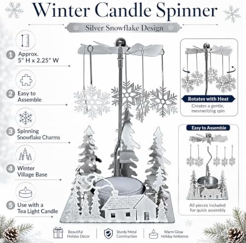Holiday Cabin Candle Spinner, Silver Plated Christmas Tea Light Holder with Laser Cut Cabin, Trees & Snowflake Charms, 5 Inch Spinning Winter Scene Candle Decor for Mantel Table Centerpiece