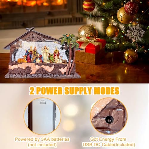 13.2''Nativity Christmas Snow Globe Lantern - Cottage & Nativity Scene (Jesus Birth), Lighted with Swirling Glitter, USB Powered, Plays Music, Holiday Decoration & Festive Gift