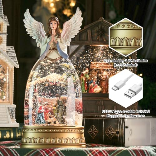 Nativity Snow Globe Music Box Holy Family, Shatterproof Swirling Glitter