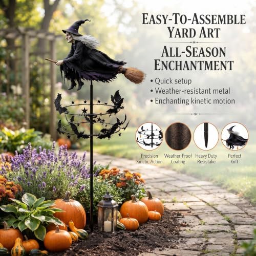 Enchanted Witch Garden Wind Spinner, Outdoor Metal Halloween Garden Art Yard Stake Windmill Style, Halloween Witch Yard Decorations, Ground Stake Included Outdoor Lawn Decor