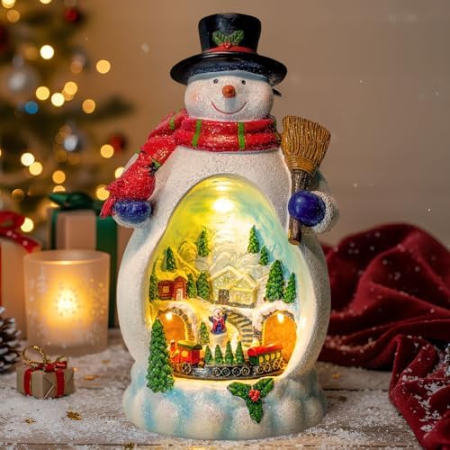ZQQLITE Animated Collection Figurines Musical Christmas Snowman &Cardinal Village Houses with Rotating Train, Lighted Christmas Collection Figurines for Home Tabletop Decorations Ornaments Gifts