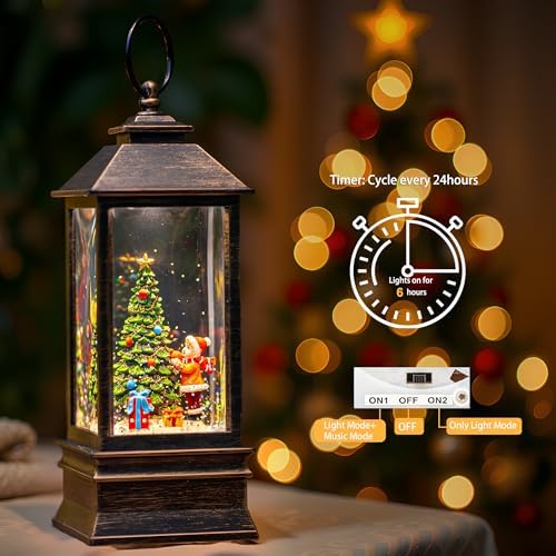 10'' Snow Globe Christmas, Musical Lighted Water Lantern with Swirling Glitter Decoration for Christmas Home, Living Room, Battery Operated or USB Powered (Christmas Tree)