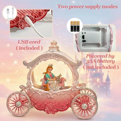 Christmas Pink Carriage Snow Globe with Music and Pricess - Girl with a Crown Scene Water Lantern with Glitter Snow and LED Light - Battery Or USB Cable Powered Operated (Pink Princess)
