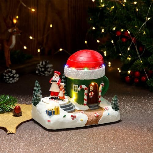 Holiday Seasonal Musical House Resin Ornament with Colorful LED Light Christmas Rotating Figurines Statue Desktop Decors LED Light Christmas Ornament