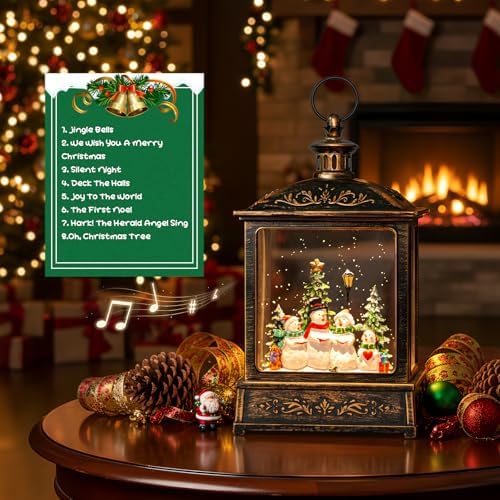 12.5'' Christmas Snow Globe Lantern Lighted Snowman Choir Musical Snowmen Carolers Water Lantern in Swirling Glittering Home Decoration and Gift, Battery Operated or USB Powered
