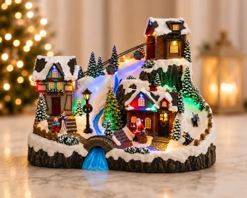 Animated Christmas Village Animated Ski Lift Resort, LED Lights, Spinning Tree