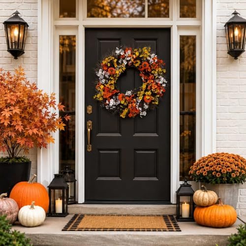 Rotating Naturals Seasonal Floral Ring for Home Entryways and Celebrations in Elegant Style (Orange, 40cm)