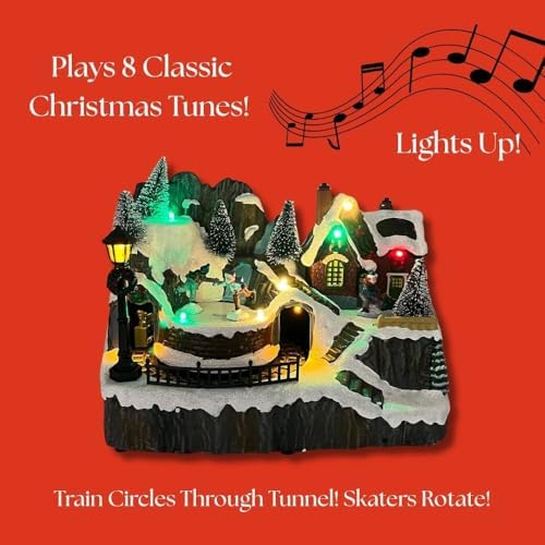 allgala Crafted Polyresin Christmas House Collectable Figurine with USB and Battery Dual Power Source-Moving Train and Skaters-XH93445