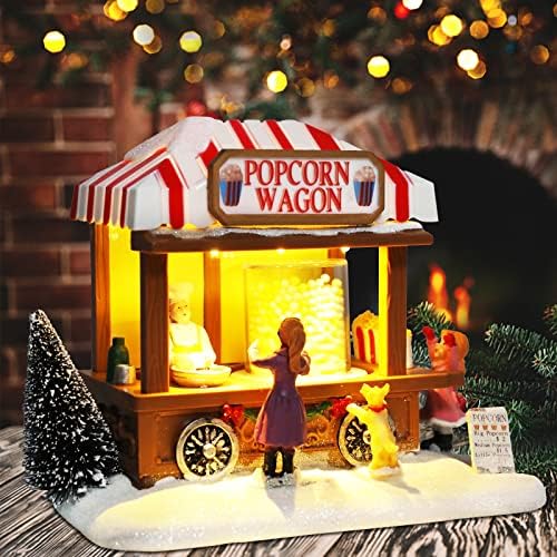 MUMTOP Christmas Village House, Animated Popcorn Wagon with Light and Music