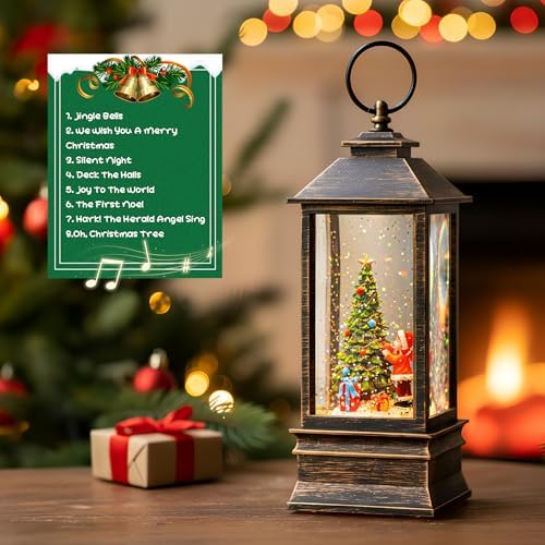 10'' Snow Globe Christmas, Musical Lighted Water Lantern with Swirling Glitter Decoration for Christmas Home, Living Room, Battery Operated or USB Powered (Christmas Tree)