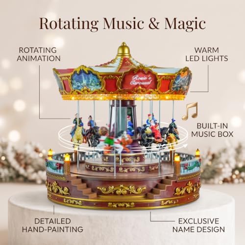 Christmas Carousel Decoration, 14inch Large Size, Carousel Go Round with Music and Lights, Realistic Scene, Add Christmas Atmosphere, Perfect （red）