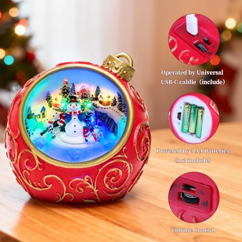6.3" Animated Musical Christmas Village Figurines with Rotating Skiing Snowman and Lights, Auto 6H Timer and Volume Control, USB-C/Battery Powered Christmas Decorations for Table Decor Xmas Gift