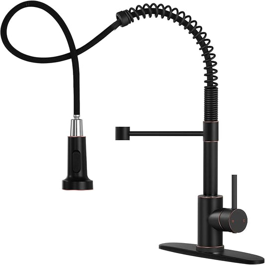 DJS Kitchen Faucets with Pull Down Sprayer Oil Rubbed Brozone -Single Handle 1 or 3 Holes Spring Kitchen Sink Faucet with Deck Plate for Farmhouse RV Vessel Basin