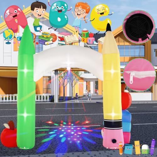 10FT Back to School Inflatable Archway Outdoor Decoration with Color Rotating Lights, Waterproof Blow Up Pencil Yard Lawn Patio First Day of School Party Decoration for Kindergarten Elementary School